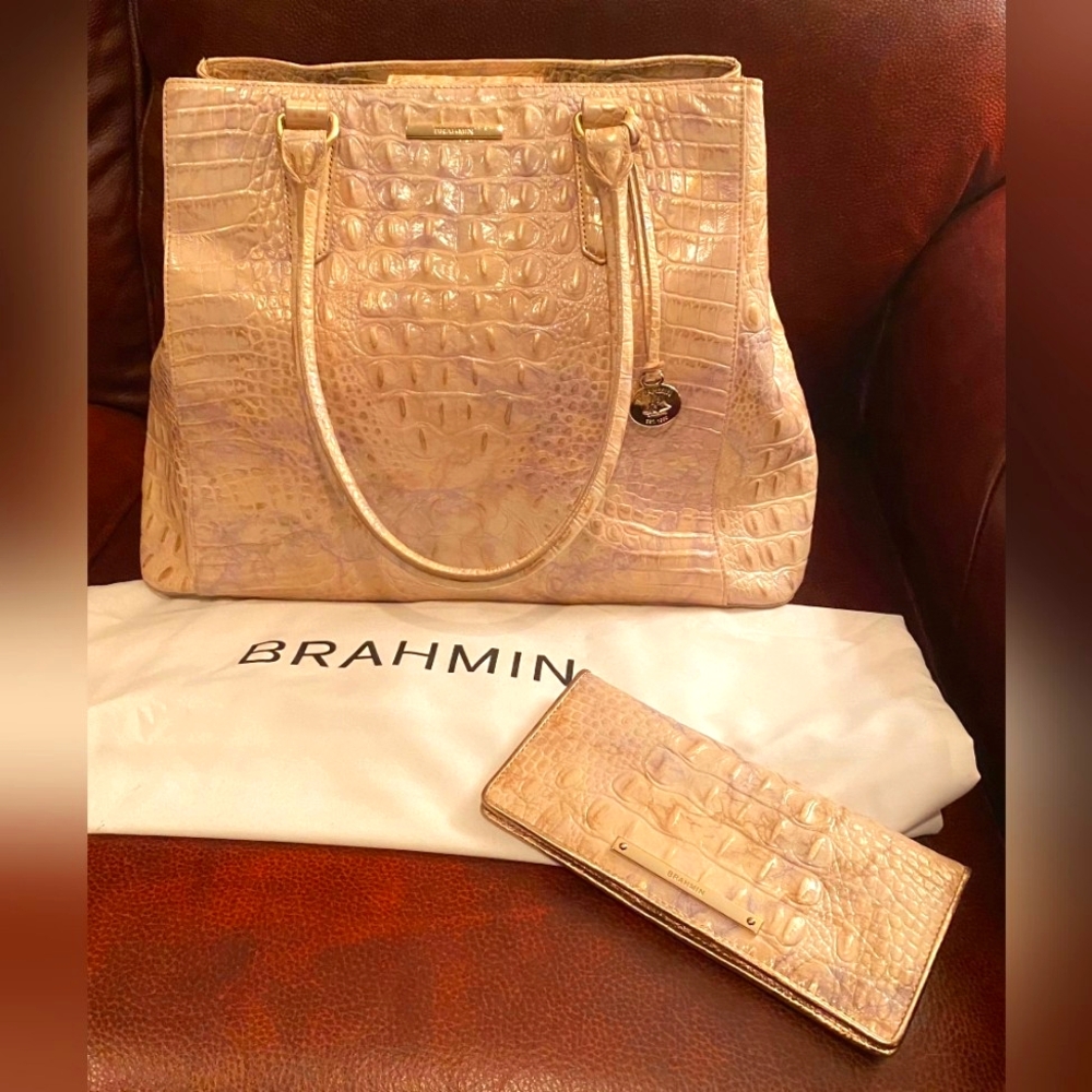 REDUCED!!NWOT Brahmin Melbourne "Joan" Tote Bag in Cream and Gold and Ady Wallet